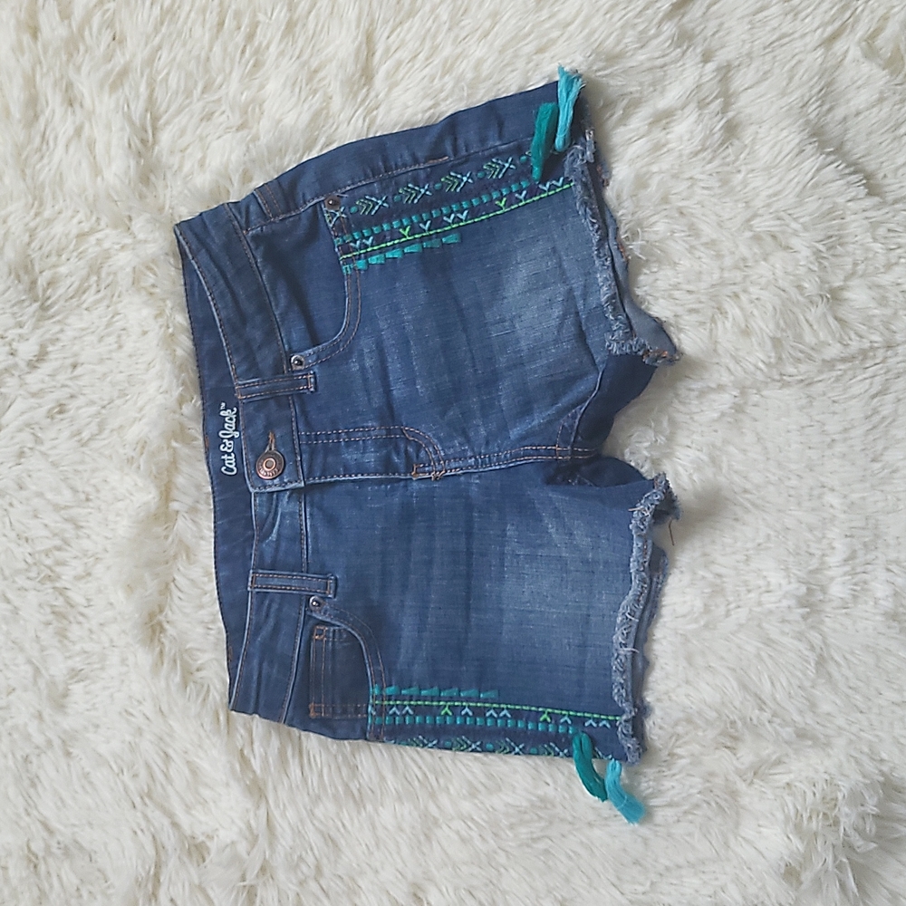 Cat & Jack Dark Blue Denim Shorts with Teal Embroidery